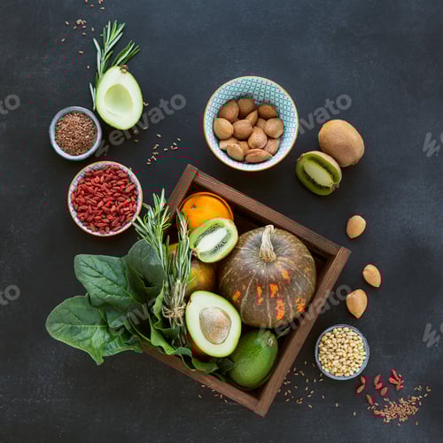 Preview: Healthy farmer organic food: fruit, vegetables, seeds, superfood, leaf