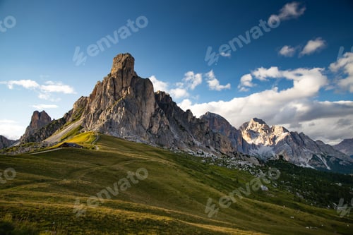 Preview: View of Ra Gusela mountain with green meadows and blue sky, Dolomites, Italy
