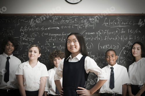Preview: Confident student stands out in a classroom with peers against a chalkboard full of math equations.