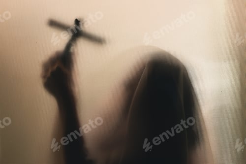 Preview: Shadowy figure with cross behind glass - horror background