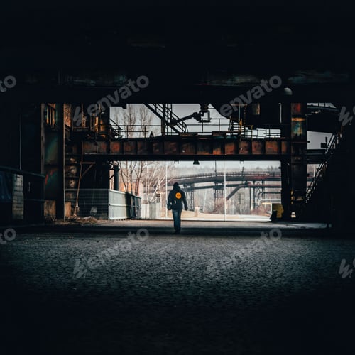 Preview: Back view of a person walking in the Dolni Vitkovice old industrial area in Czechia