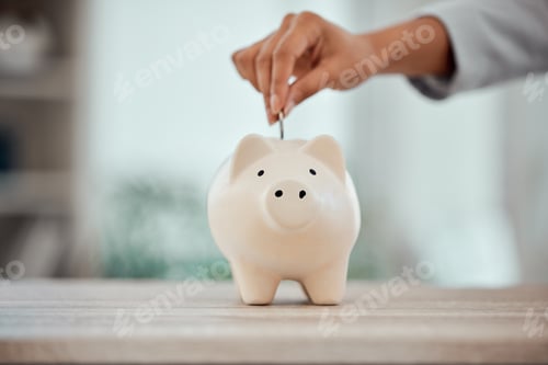 Preview: Budget, money and piggy bank investment for your future plans or goals. Closeup of cropped hands pu
