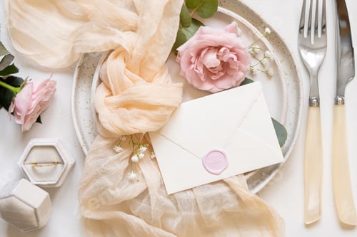 Preview: Envelope near cream fabric knot and light pink roses on plates top view copy space, wedding mockup