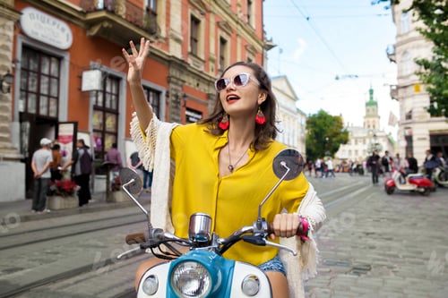 Preview: Young Beautiful Hipster Woman Riding On Motorbike City Street, Summer Europe Vacation, Traveling