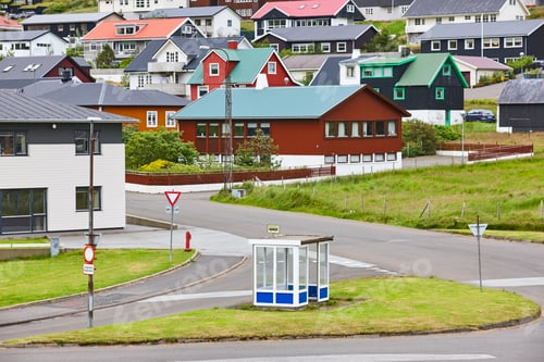 Preview: Faroe islands traditional village with empty bus stop, Eysturoy