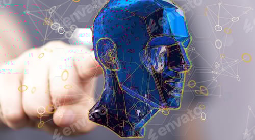 Preview: 3D rendering of a blue head of a man and a hand behind