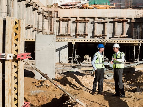 Preview: Two construction workers discussing plans on a building site