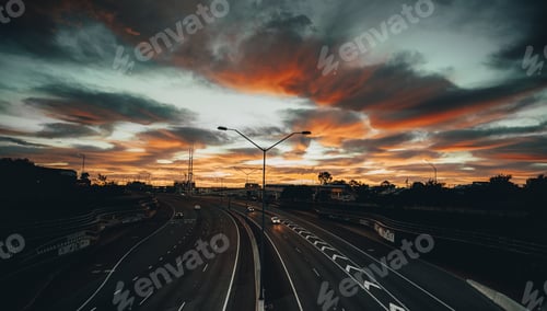 Preview: Landscape of the roads surrounded by trees under a cloudy sky during the breathtaking sunset