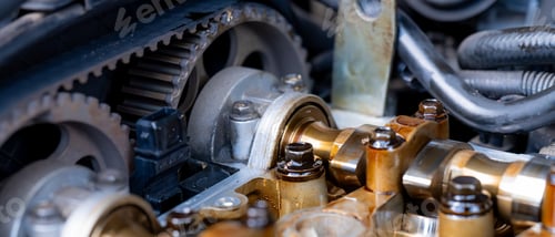 Preview: Highlighting the intricate metal and steel components. Timing belt damaged on car.
