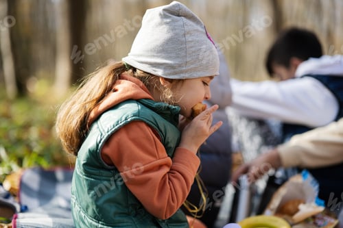 Preview: Kids in family picnic at fall forest. Beautifull autumn day.