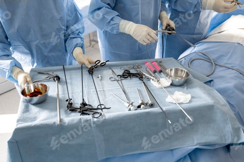 Preview: Medical Team Preparing Surgical Equipment in Operating Room