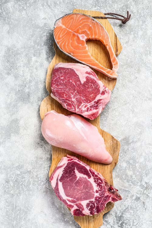 Preview: Mix of meat raw steaks salmon, beef, pork and chicken. Gray background. Top view