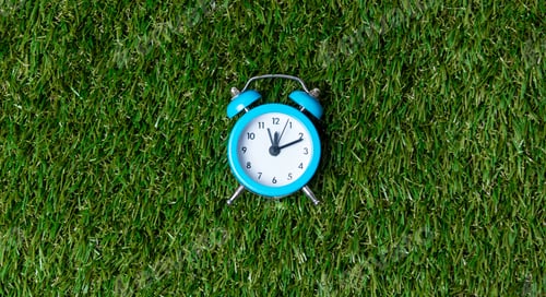 Preview: Blue little retro alarm clock on green grass background, above view