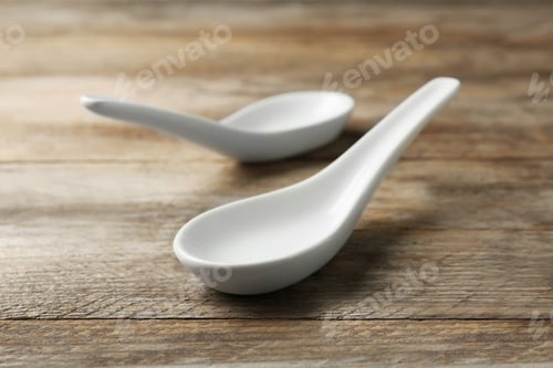 Preview: Clean Miso soup spoons on wooden table