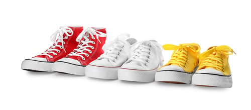 Preview: Many different sneakers on white background. Trendy shoes