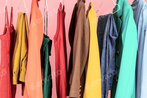 Preview: Colorful Assortment of Clothing Hanging in a Closet