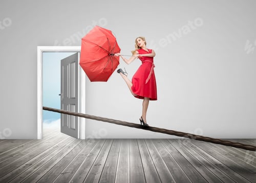 Preview: Pretty Woman Standing On A Rope With A Broken Umbrella In An Empty Room