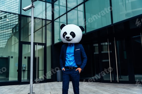 Preview: Storytelling image of a business man wearing a giant panda head