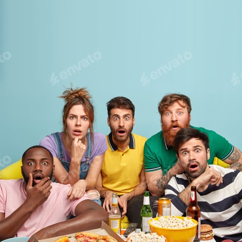 Preview: Astonished five friends spend evening at home, watch news programme, shocked by something, drink bee