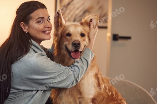 Preview: Happy owner of beautiful animal. Woman is with golden retriever dog at home