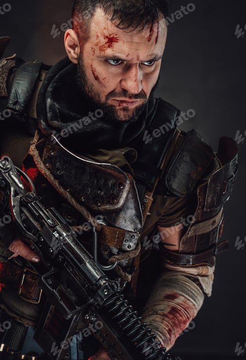 Preview: Serious stalker with damaged head and shotgun in dark background