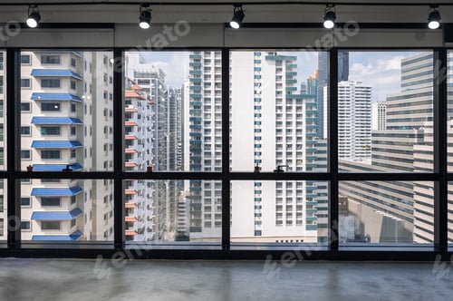 Preview: Interior office with window and crowded building at business district