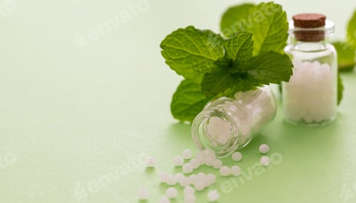 Preview: Homeopathy, globules scattered out of glass bottle, green background