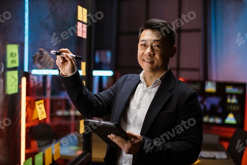 Preview: Asian businessman planning project on glass board in office