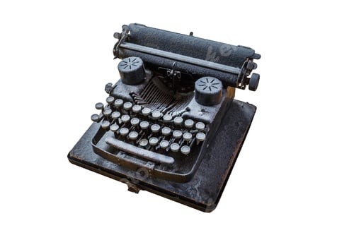 Preview: old vintage dust-covered typewriter with sheet of paper isolated on white background