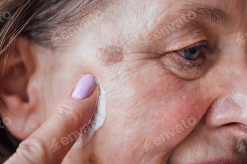 Preview: Close-up of an elderly woman face with moisturizer on her cheek
