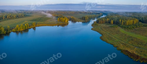 Preview: Sunset aerial atmospheric view on river in Ural Russia. Drone photography