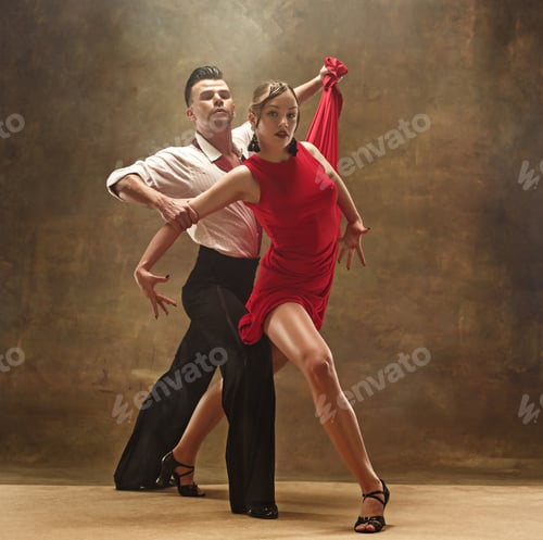 Preview: Flexible young modern dance couple posing in studio.