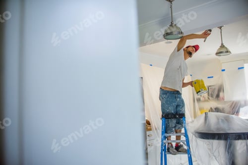 Preview: Man up stepladder painting ceiling