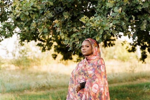 Preview: Black Muslim woman in bright hijab smiles under green tree, African girl enjoying nature