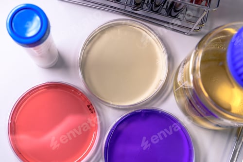 Preview: High angle closeup shot of Petri dishes with colorful substances for coronavirus testing