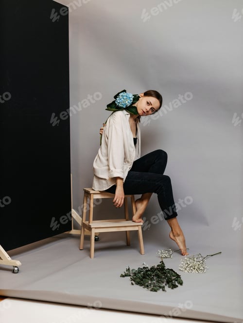 Preview: Portrait of diverse girl with flowers. Girls power. Fashion modeling. Model on monochrome