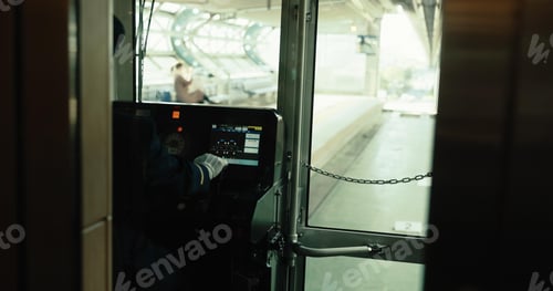 Preview: Subway, driver and cockpit of train in transport, service and control panel in Japan railway cab. M