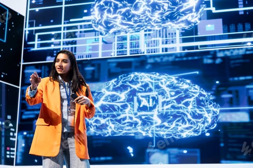 Preview: Cheerful engineer talking at AI tech summit event gathering professionals