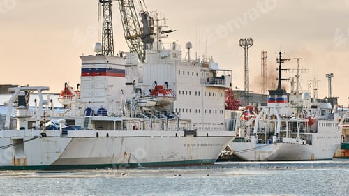 Preview: Moored ships and harbor cranes in port