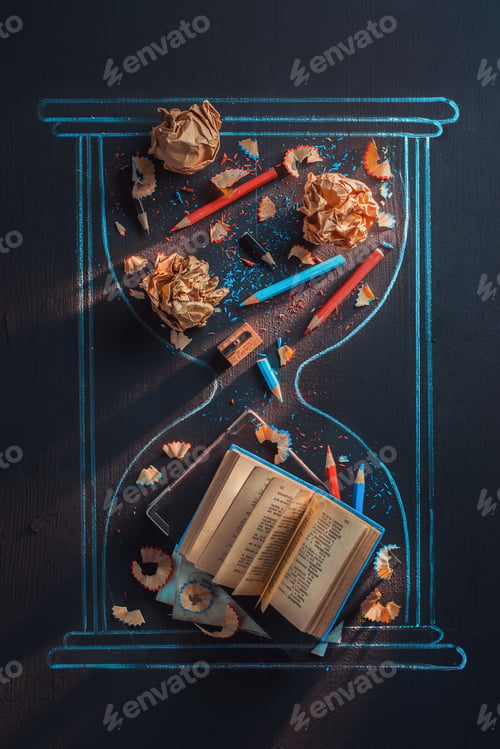 Preview: Chalk hourglass drawing with books, crumpled paper, and pencils. Writing creative process conceptual