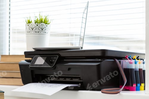 Preview: Printer and computer. Office table