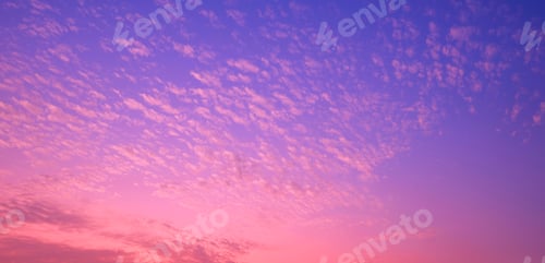 Preview: Colorful pastel pink and blue evening sky background with many fluffy clouds in panoramic view