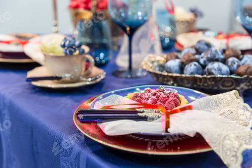 Preview: Table with food decoration closeup, nobody