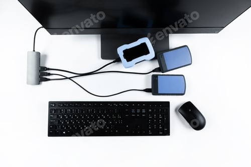 Preview: Multiple external hard drives connected to a monoblock on a white background.Computer with hard