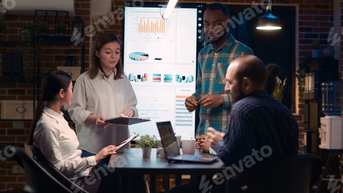 Preview: Colleagues team presenting company research statistics report