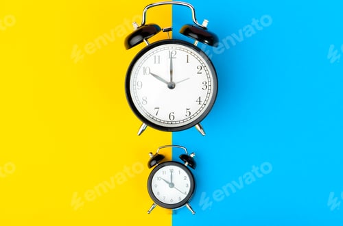 Preview: Black alarm clock on color block yellow and blue background
