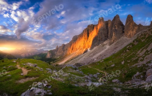 Preview: Mountains at beautiful sunset in summer. Colorful landscape