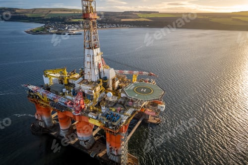 Preview: Sunset View of an Oil and Gas Rig and Platform at Sea