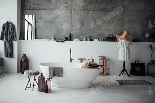 Preview: luxury bathroom interior loft bath romance valentine's day earth tone gray