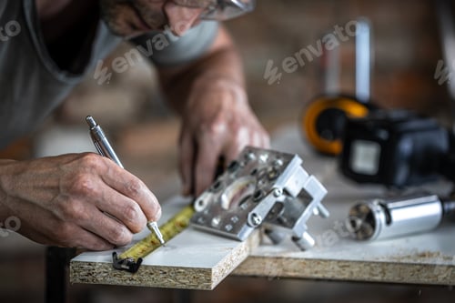 Preview: Carpenter at work, measuring wood for drilling.
